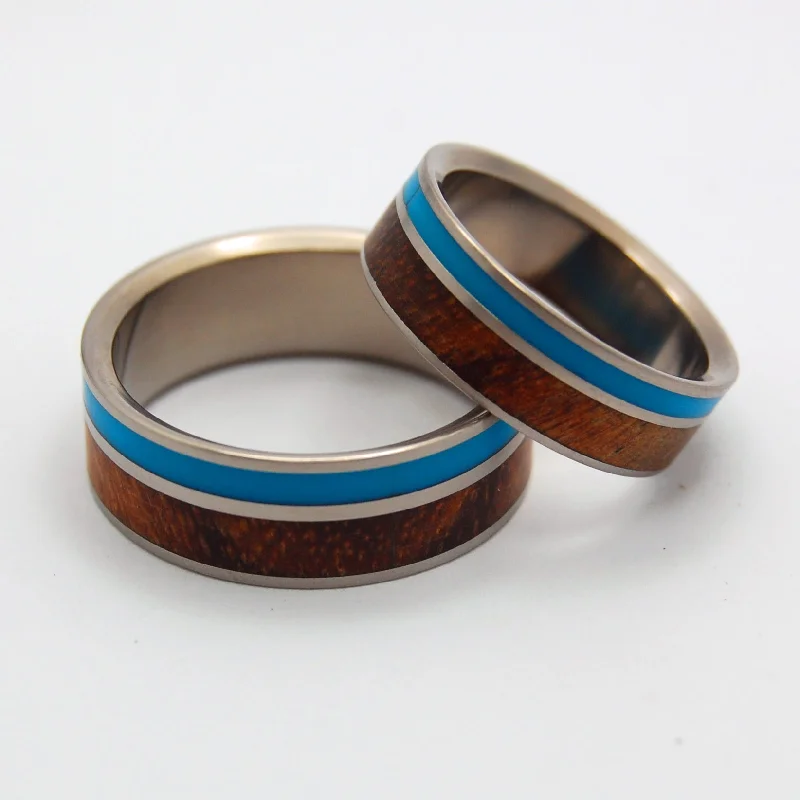 Wooded Cove | Turquoise Resin & Hawaiian Koa - Wooden Matching Titanium Wedding Ring Set