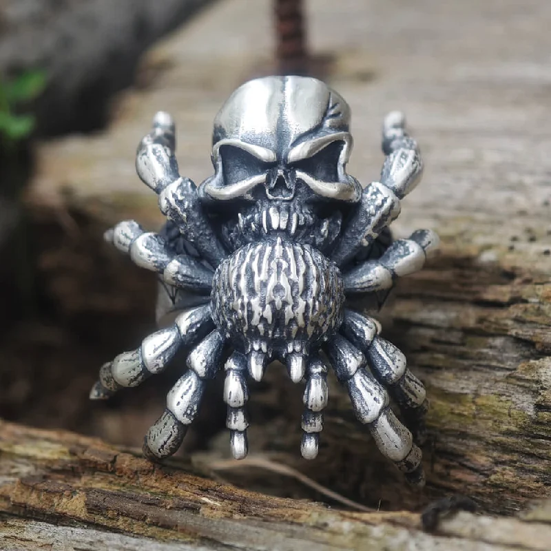 Skull Head Spider Sterling Silver Biker Ring