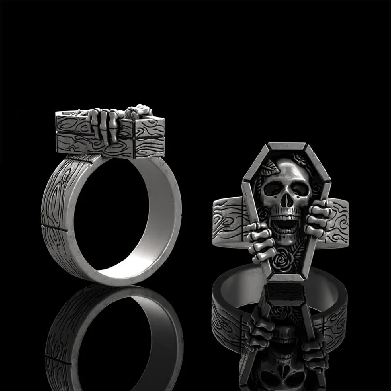 Skull Rose Coffin Sterling Silver Ring