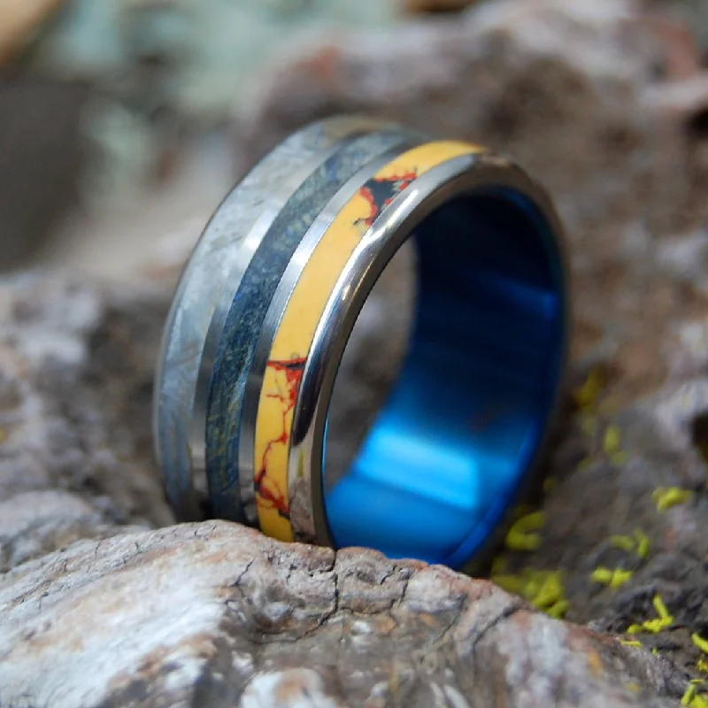 Blue Dino Killer | Men's Dinosaur Bone, Meteorite, & Blue Box Elder Wood & Titanium Wedding Ring