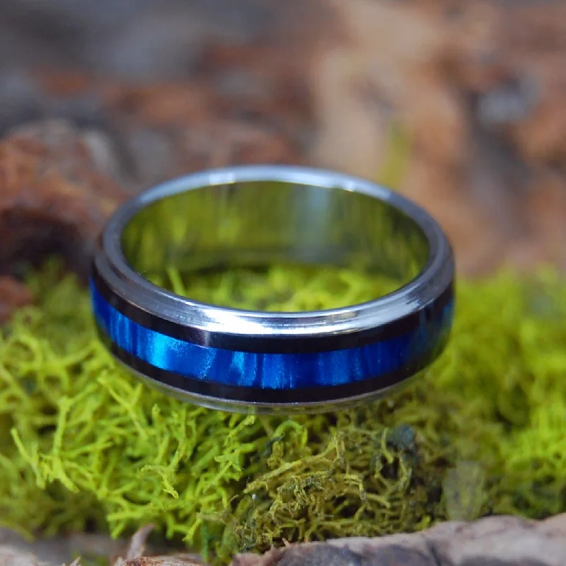 The Pilot And The Flight Attendant | Women's Black Onyx, Blue Marbled Resin & Titanium Wedding Ring