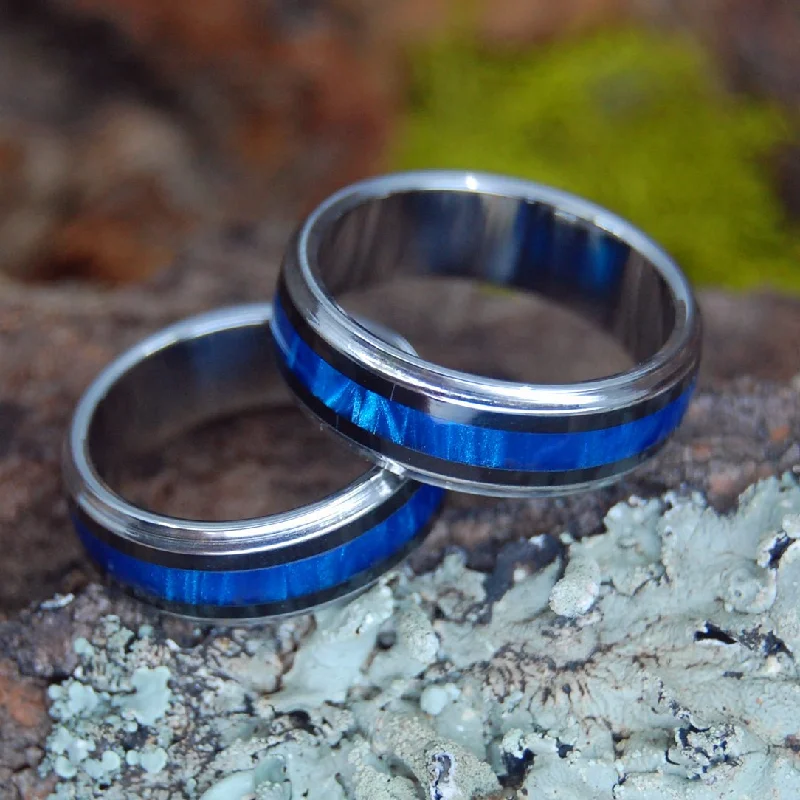 The Pilot And The Flight Attendant | Blue Marbled Resin & Titanium - Unique Wedding Ring - Wedding Ring Set