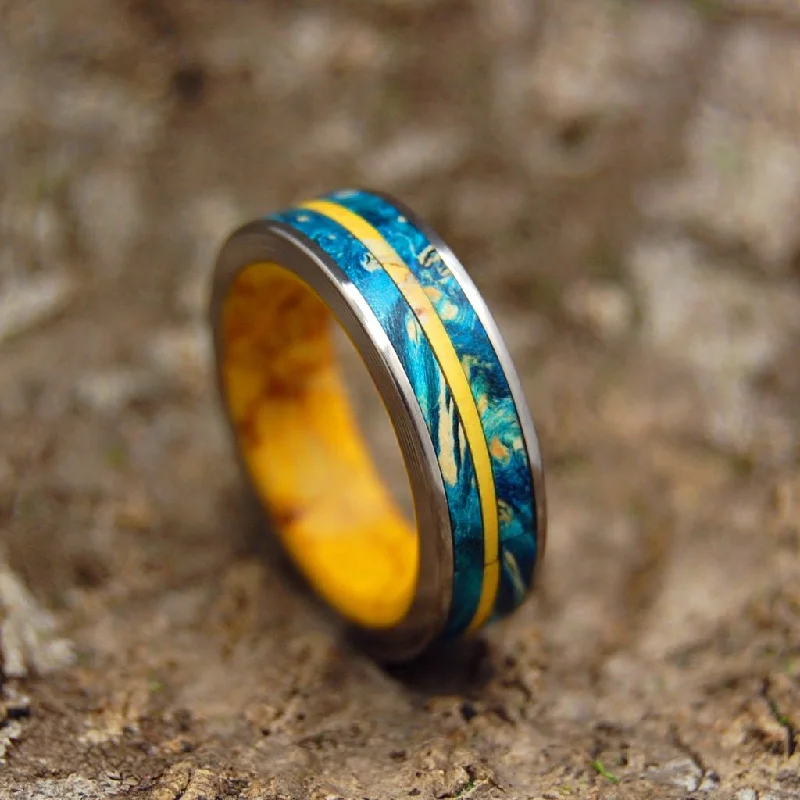 Tornado Of Desire And Sunshine | Women's Yellow Jasper Stone, Blue Box Elder Wood & Titanium Wedding Ring