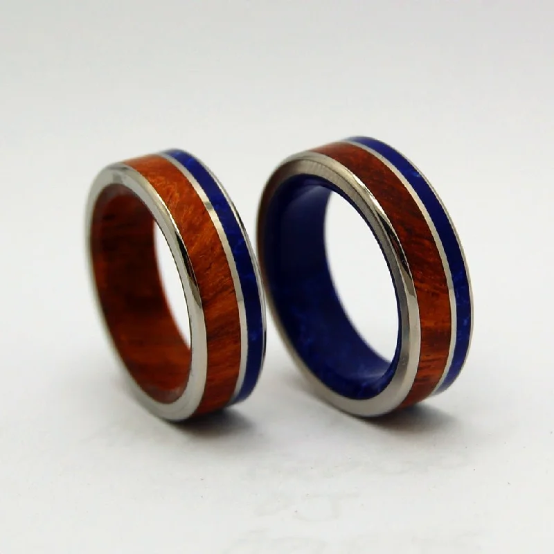 Twilight By Lake | Amboyna Burl Wood & Sodalite Stone - Unique Wedding Ring Set