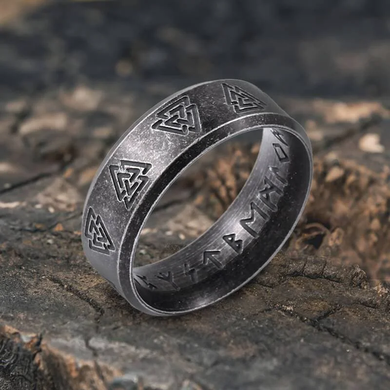 Valknut and Runes Stainless Steel Viking Ring