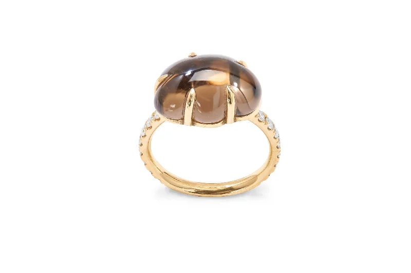 Cloud Pavé 18K Gold Ring w. Smokey Quartz & Diamonds