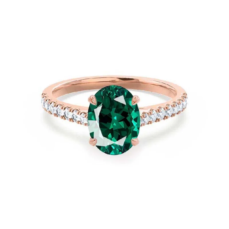 VIOLA - Chatham® Emerald Oval & Diamond 18k Rose Gold Shoulder Set Ring