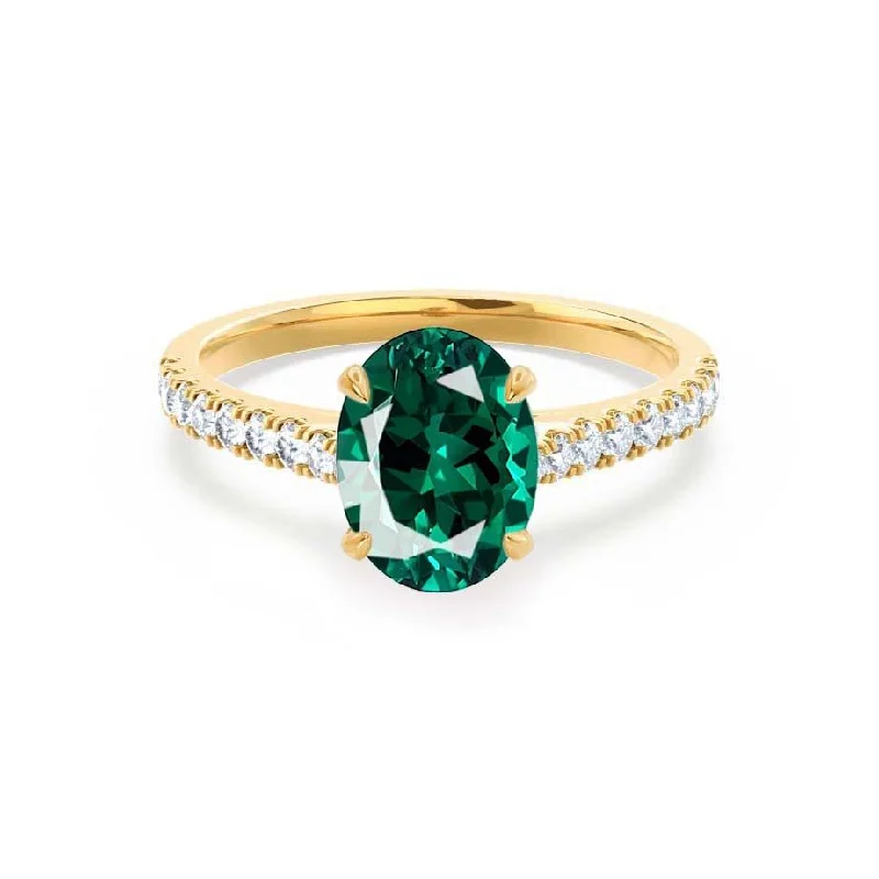 VIOLA - Chatham® Emerald Oval & Diamond 18k Yellow Gold Shoulder Set Ring