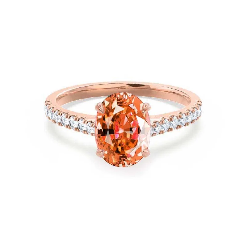 VIOLA - Chatham® Padparadscha Oval & Diamond 18k Rose Gold Shoulder Set Ring