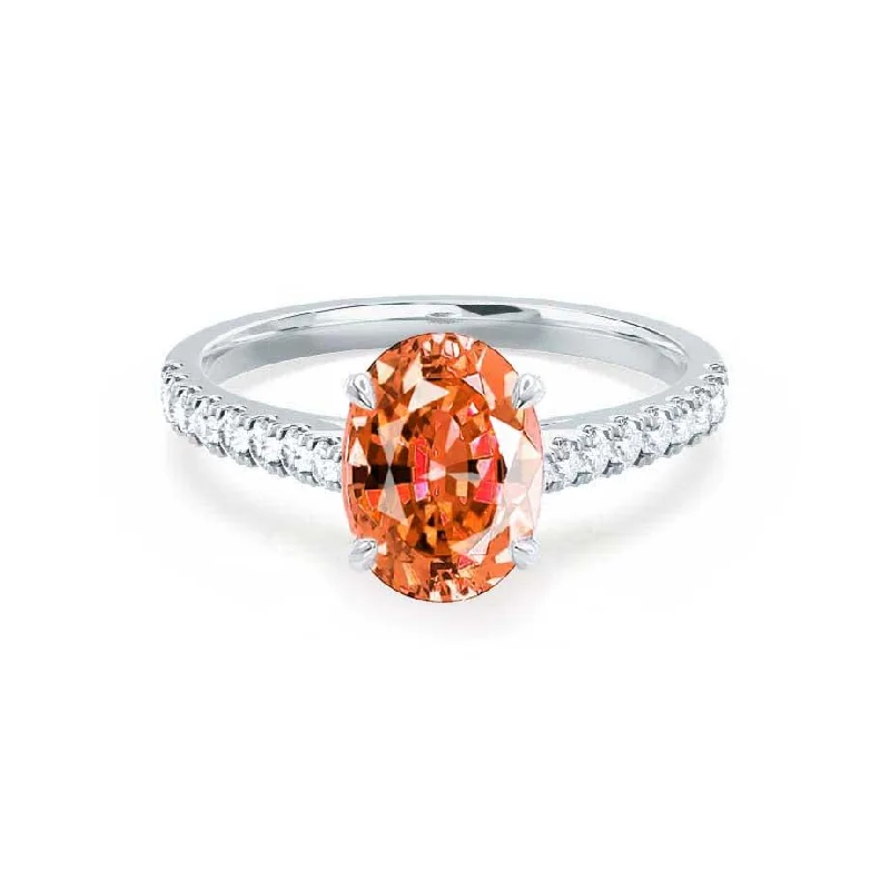 VIOLA - Chatham® Padparadscha Oval & Diamond 18k White Gold Shoulder Set Ring