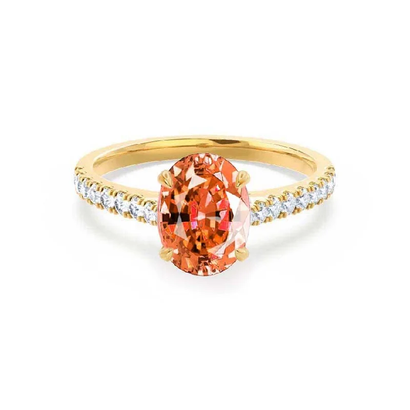 VIOLA - Chatham® Padparadscha Oval & Diamond 18k Yellow Gold Shoulder Set Ring