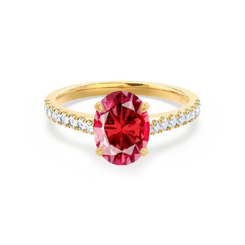 VIOLA - Chatham® Ruby Oval & Diamond 18k Yellow Gold Shoulder Set Ring