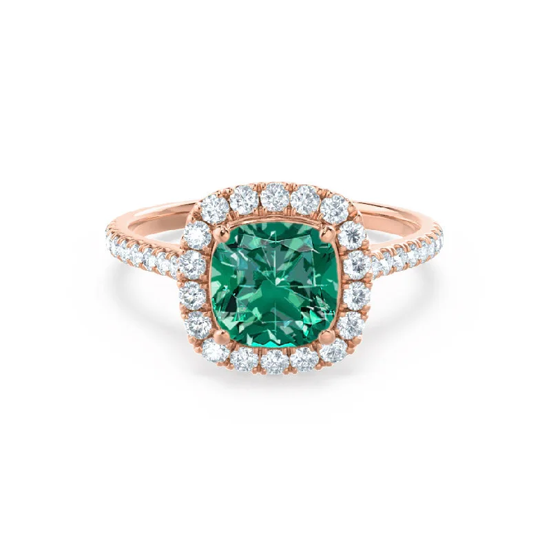 VIOLETTE - Chatham® Cushion Emerald & Diamond 18k Rose Gold Petite Halo Ring