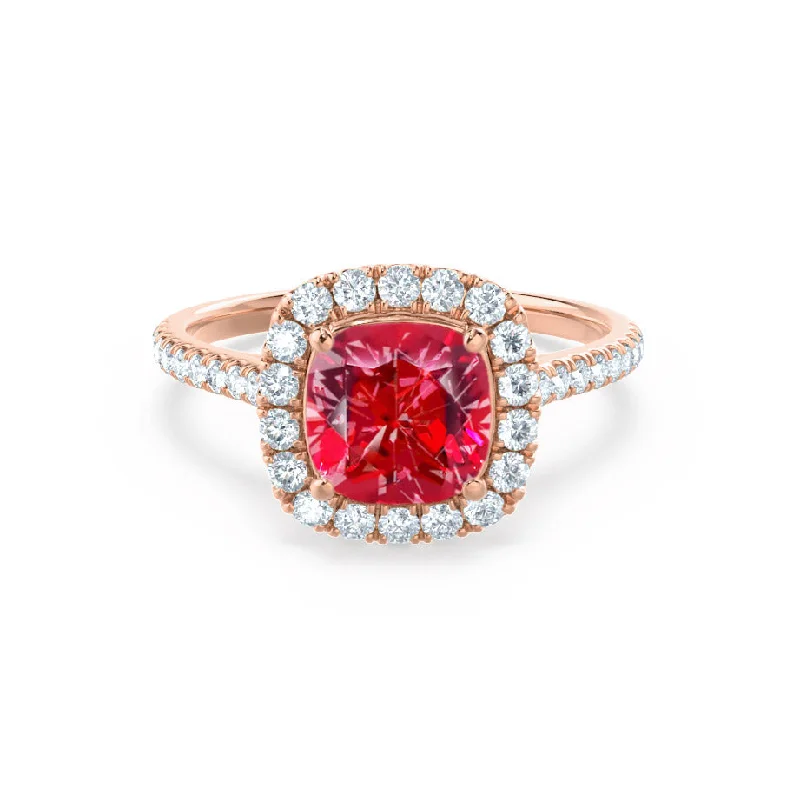 VIOLETTE - Chatham® Cushion Ruby & Diamond 18k Rose Gold Petite Halo Ring