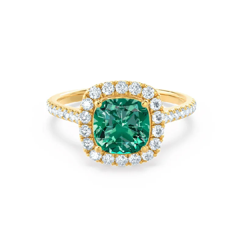 VIOLETTE - Chatham® Cushion Emerald & Diamond 18k Yellow Gold Petite Halo Ring