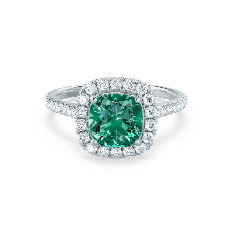 VIOLETTE - Chatham® Cushion Emerald & Diamond 950 Platinum Petite Halo Ring