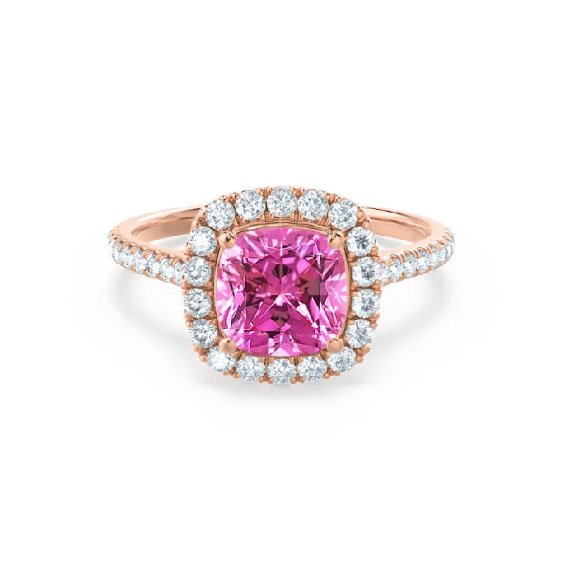 VIOLETTE - Chatham® Cushion Pink Sapphire & Diamond 18k Rose Gold Petite Halo Ring