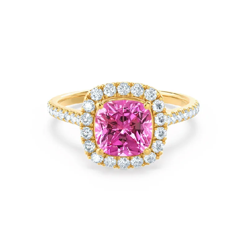 VIOLETTE - Chatham® Cushion Pink Sapphire & Diamond 18k Yellow Gold Petite Halo Ring