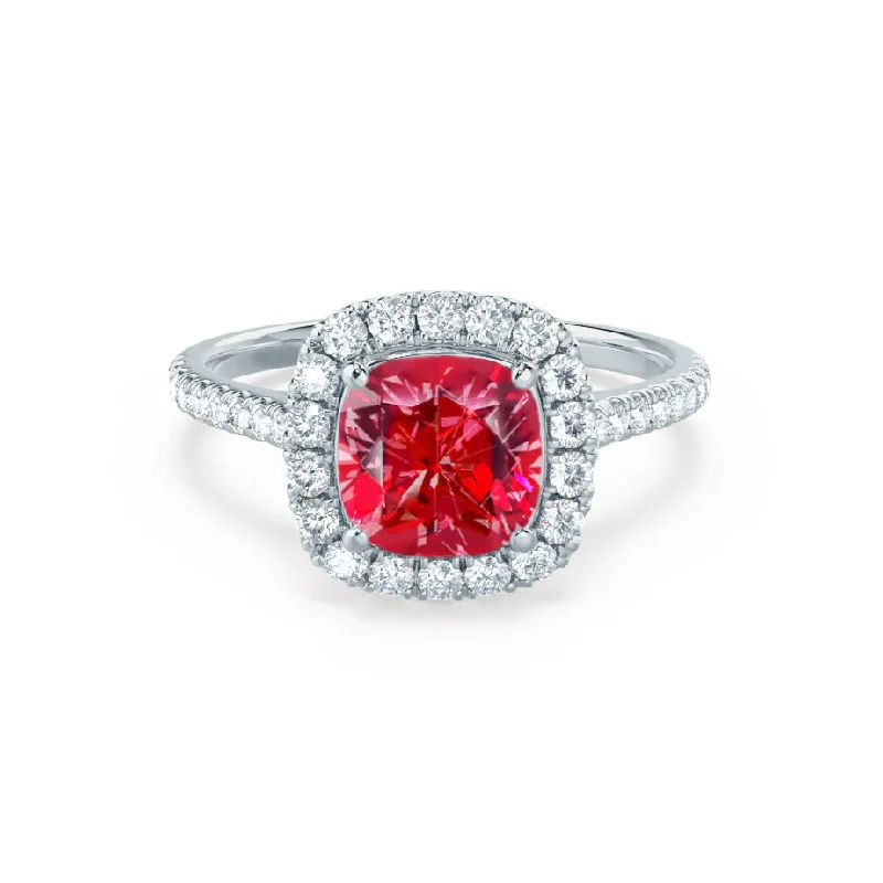 VIOLETTE - Chatham® Cushion Ruby & Diamond 18k White Gold Petite Halo Ring