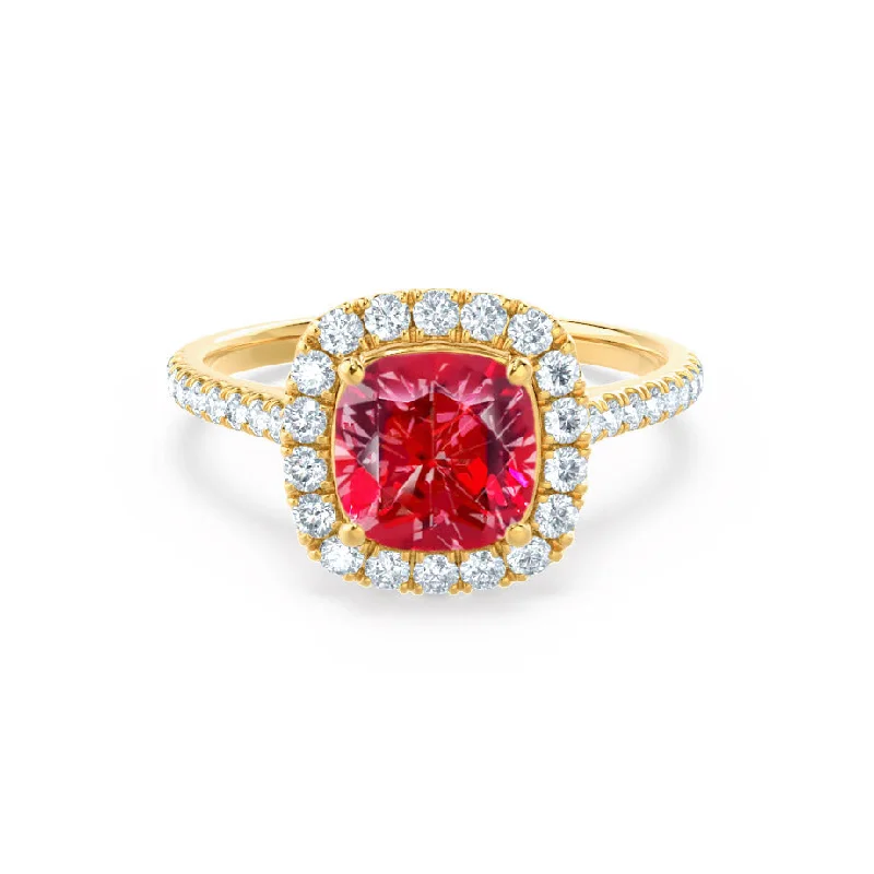 VIOLETTE - Chatham® Cushion Ruby & Diamond 18k Yellow Gold Petite Halo Ring