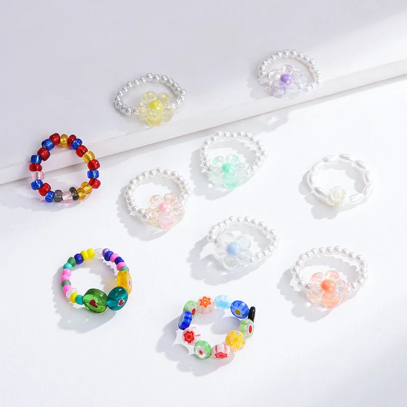 Wholesale Boho Glass Flower Beaded Rice Bead Ring