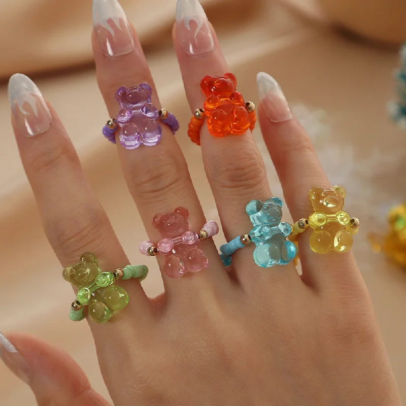 Wholesale Frozen Resin Bear Adjustable Rice Bead Ring 6 Sets