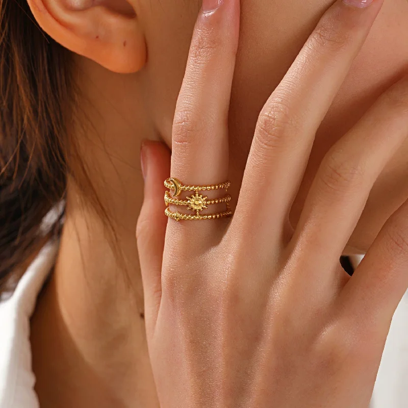 Wholesale New Arrival Three Layer Moon Star Gold Stainless Steel Ring