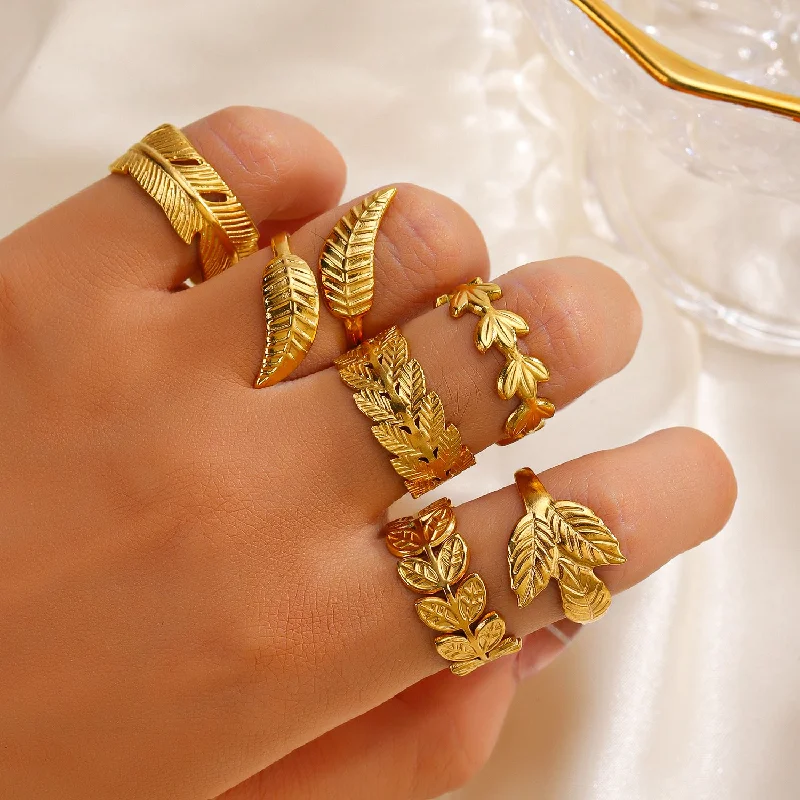 Wholesale Open Adjustable Leaf Gold Stainless Steel Ring