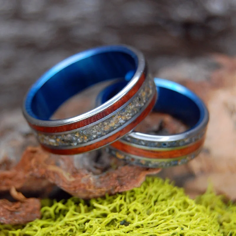 Wood Beach And Blue | Amboyna Burl & Beach Sand Titanium Wedding Ring Set